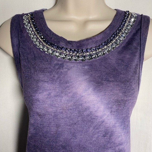 Size S Vocal Sleeveless Embellished Neck Purple Soft Tye Dyed Women's Tank Top - Picture 3 of 6